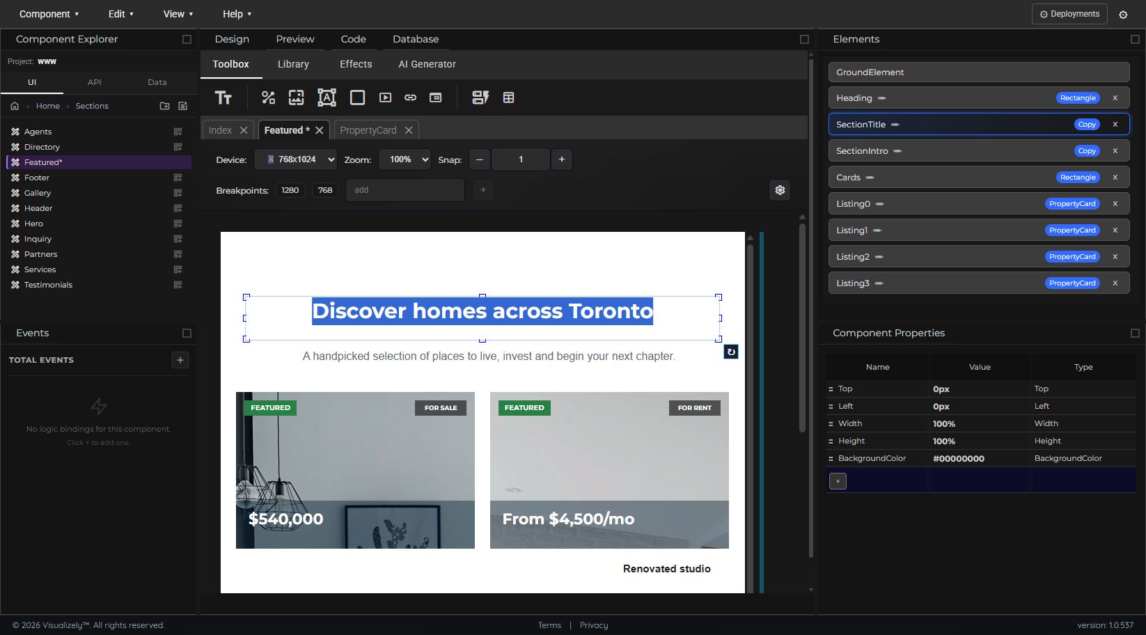 Visualizely's application workspace with its component hierarchy, visual canvas, and detailed property controls.
